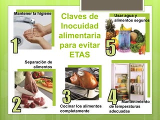 Claves de
Inocuidad
alimentaria
para evitar
ETAS
Usar agua y
alimentos seguros
Mantener la higiene
Separación de
alimentos
Cocinar los alimentos
completamente
Mantenimiento
de temperaturas
adecuadas
 