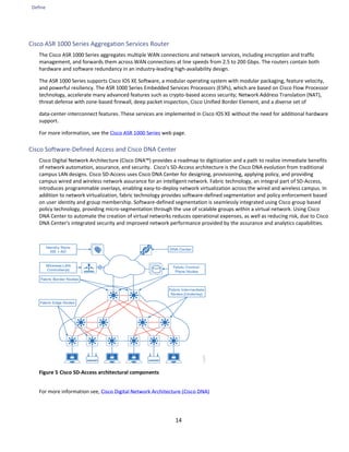 Define
14
Cisco ASR 1000 Series Aggregation Services Router
The Cisco ASR 1000 Series aggregates multiple WAN connections and network services, including encryption and traffic
management, and forwards them across WAN connections at line speeds from 2.5 to 200 Gbps. The routers contain both
hardware and software redundancy in an industry-leading high-availability design.
The ASR 1000 Series supports Cisco IOS XE Software, a modular operating system with modular packaging, feature velocity,
and powerful resiliency. The ASR 1000 Series Embedded Services Processors (ESPs), which are based on Cisco Flow Processor
technology, accelerate many advanced features such as crypto-based access security; Network Address Translation (NAT),
threat defense with zone-based firewall, deep packet inspection, Cisco Unified Border Element, and a diverse set of
data-center-interconnect features. These services are implemented in Cisco IOS XE without the need for additional hardware
support.
For more information, see the Cisco ASR 1000 Series web page.
Cisco Software-Defined Access and Cisco DNA Center
Cisco Digital Network Architecture (Cisco DNA™) provides a roadmap to digitization and a path to realize immediate benefits
of network automation, assurance, and security. Cisco's SD-Access architecture is the Cisco DNA evolution from traditional
campus LAN designs. Cisco SD-Access uses Cisco DNA Center for designing, provisioning, applying policy, and providing
campus wired and wireless network assurance for an intelligent network. Fabric technology, an integral part of SD-Access,
introduces programmable overlays, enabling easy-to-deploy network virtualization across the wired and wireless campus. In
addition to network virtualization, fabric technology provides software-defined segmentation and policy enforcement based
on user identity and group membership. Software-defined segmentation is seamlessly integrated using Cisco group based
policy technology, providing micro-segmentation through the use of scalable groups within a virtual network. Using Cisco
DNA Center to automate the creation of virtual networks reduces operational expenses, as well as reducing risk, due to Cisco
DNA Center's integrated security and improved network performance provided by the assurance and analytics capabilities.
Figure 5 Cisco SD-Access architectural components
For more information see, Cisco Digital Network Architecture (Cisco DNA)
 