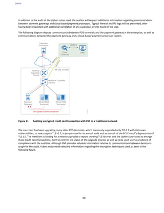 Define
20
In addition to the audit of the cipher suites used, the auditor will request additional information regarding communications
between payment gateways and cloud-based payment processors. Typical firewall and IPS logs will be presented, after
having been inspected with additional correlation of any suspicious events found in the logs.
The following diagram depicts communication between POS terminals and the payment gateway in the enterprise, as well as
communications between the payment gateway and a cloud-based payment processor system.
Figure 11 Auditing encrypted credit card transaction with FNF in a traditional network
The merchant has been upgrading many older POS terminals, which previously supported only TLS 1.0 with its known
vulnerabilities, to now support TLS v1.2, in preparation for its annual audit and as a result of the PCI Council's deprecation of
TLS 1.0. The merchant is looking for a means to provide a report showing TLS libraries and the cipher suites used to encrypt
these credit card transactions, both to confirm the status of the upgrade process as well as to be used later as evidence of
compliance with the auditors. Although FNF provides valuable information relative to communications between devices in
scope for the audit, it does not provide detailed information regarding the encryption techniques used, as seen in the
following figure.
 