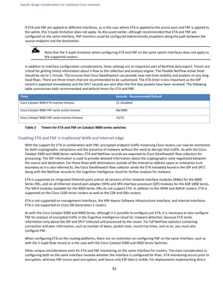 Specific design considerations for traditional Cisco networks
33
If ETA and FNF are applied to different interfaces, as in the case where ETA is applied to the access port and FNF is applied to
the uplink, this 5-tuple limitation does not apply. As discussed earlier, although recommended that ETA and FNF are
configured on the same interface, FNF monitors could be configured bidirectionally anywhere along the path between the
source endpoint and the destination.
Note that the 5-tuple limitation when configuring ETA and FNF on the same switch interfaces does not apply to
the supported routers.
In addition to interface configuration considerations, timer settings are an important part of NetFlow data export. Timers are
critical for getting timely information about a flow to the collection and analysis engine. The Flexible NetFlow active timer
should be set to 1 minute. This ensures that Cisco Stealthwatch can provide near real-time visibility and analysis on any long-
lived flows. There are three timers that are recommended to be customized. The ETA timer is less important as the IDP
record is exported immediately and the SPLT records are sent after the first few packets have been received. The following
table summarizes both recommended and default timers for ETA and FNF.
Timer Seconds - Recommended/Default
Cisco Catalyst 9000 ETA inactive timeout 15 /disabled
Cisco Catalyst 9000 FNF cache active timeout 60/1800
Cisco Catalyst 9000 FNF cache inactive timeout 15/15
Table 2 Timers for ETA and FNF on Catalyst 9000 series switches
Enabling ETA and FNF in traditional WAN and Internet edge
With the support for ETA in combination with FNF, encrypted endpoint traffic traversing Cisco routers can now be monitored
for both cryptographic compliance and the presence of malware without the need to decrypt that traffic. As with the Cisco
Catalyst 9300 and 9400 Series switches, ETA and NetFlow records are exported to Cisco Stealthwatch flow collectors for
processing. The IDP information is used to provide detailed information about the cryptographic suite negotiated between
the source and destination. For those flows with destinations outside of the enterprise address space or enterprise trust
boundary as it is also referred to, the Cisco Stealthwatch flow collector sends the ETA metadata found in the IDP and SPLT,
along with the NetFlow records to the Cognitive Intelligence cloud for further analysis for malware.
ETA is supported on integrated Ethernet ports and on all versions of the network interface modules (NIMs) for the 4000
Series ISRs, and on all Ethernet shared port adapter (SPA) and SPA interface processor (SIP) modules for the ASR 1000 Series.
The SM-X modules available for the 4000 Series ISRs do not support ETA. In addition to the ISR4K and ASR1K routers, ETA is
supported on the Cisco 1100 series routers as well as the CSR and ISRv routers.
ETA is not supported on management interfaces, the VRF-Aware Software Infrastructure interface, and internal interfaces.
ETA is not supported on Cisco ISR Generation 2 routers.
As with the Cisco Catalyst 9300 and 9400 Series, although it is possible to configure just ETA, it is necessary to also configure
FNF for analysis of encrypted traffic in the Cognitive Intelligence cloud for malware detection, because ETA sends
information only about the IDP and SPLT collected and processed by the router. For full NetFlow statistics containing
connection and peer information, such as number of bytes, packet rates, round trip times, and so on, you must also
configure FNF.
When configuring ETA on the routing platforms, there are no restriction on configuring FNF on the same interface, such as
with the 5-tuple flow record as is the case with the Cisco Catalyst 9300 and 9400 Series Switches.
Other unique considerations exist for ETA and FNF monitoring on the same interface for routers. The main consideration in
configuring both on the same interface involves whether the interface is configured for IPsec. ETA monitoring occurs prior to
encryption, whereas FNF occurs post-encryption, and hence only ESP data is visible. For deployments implementing direct
 