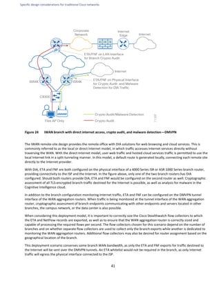 Specific design considerations for traditional Cisco networks
41
Figure 24 IWAN branch with direct internet access, crypto audit, and malware detection—DMVPN
The IWAN remote-site design provides the remote office with DIA solutions for web browsing and cloud services. This is
commonly referred to as the local or direct Internet model, in which traffic accesses Internet services directly without
traversing the WAN. With the direct Internet model, user web traffic and hosted cloud services traffic is permitted to use the
local Internet link in a split-tunneling manner. In this model, a default route is generated locally, connecting each remote site
directly to the Internet provider.
With DIA, ETA and FNF are both configured on the physical interface of a 4000 Series ISR or ASR 1000 Series branch router,
providing connectivity to the ISP and the Internet. In the figure above, only one of the two branch routers has DIA
configured. Should both routers provide DIA, ETA and FNF would be configured on the second router as well. Cryptographic
assessment of all TLS-encrypted branch-traffic destined for the Internet is possible, as well as analysis for malware in the
Cognitive Intelligence cloud.
In addition to the branch configuration monitoring Internet traffic, ETA and FNF can be configured on the DMVPN tunnel
interface of the WAN aggregation routers. When traffic is being monitored at the tunnel interface of the WAN aggregation
router, cryptographic assessment of branch endpoints communicating with other endpoints and servers located in other
branches, the campus network, or the data center is also possible.
When considering this deployment model, it is important to correctly size the Cisco Stealthwatch flow collectors to which
the ETA and NetFlow records are exported, as well as to ensure that the WAN aggregation router is correctly sized and
capable of processing the required flows per second. The flow collectors chosen for this scenario depend on the number of
branches and on whether separate flow collectors are used to collect only the branch exports while another is dedicated to
monitoring the WAN aggregation routers. Additional flow collectors may also be desired for router assignment based on the
geographical location of the branch.
This deployment scenario conserves some branch WAN bandwidth, as only the ETA and FNF exports for traffic destined to
the Internet will be sent over the DMVPN tunnels. An ETA whitelist would not be required in the branch, as only Internet
traffic will egress the physical interface connected to the ISP.
 