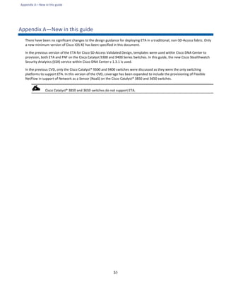 Appendix A—New in this guide
55
Appendix A—New in this guide
There have been no significant changes to the design guidance for deploying ETA in a traditional, non-SD-Access fabric. Only
a new minimum version of Cisco IOS XE has been specified in this document.
In the previous version of the ETA for Cisco SD-Access Validated Design, templates were used within Cisco DNA Center to
provision, both ETA and FNF on the Cisco Catalyst 9300 and 9400 Series Switches. In this guide, the new Cisco Stealthwatch
Security Analytics (SSA) service within Cisco DNA Center v 1.3.1 is used.
In the previous CVD, only the Cisco Catalyst® 9300 and 9400 switches were discussed as they were the only switching
platforms to support ETA. In this version of the CVD, coverage has been expanded to include the provisioning of Flexible
NetFlow in support of Network as a Sensor (NaaS) on the Cisco Catalyst® 3850 and 3650 switches.
Cisco Catalyst® 3850 and 3650 switches do not support ETA.
 