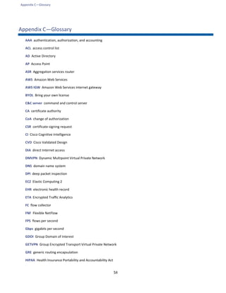 Appendix C—Glossary
58
Appendix C—Glossary
AAA authentication, authorization, and accounting
ACL access control list
AD Active Directory
AP Access Point
ASR Aggregation services router
AWS Amazon Web Services
AWS IGW Amazon Web Services internet gateway
BYOL Bring your own license
C&C server command and control server
CA certificate authority
CoA change of authorization
CSR certificate-signing request
CI Cisco Cognitive Intelligence
CVD Cisco Validated Design
DIA direct Internet access
DMVPN Dynamic Multipoint Virtual Private Network
DNS domain name system
DPI deep packet inspection
EC2 Elastic Computing 2
EHR electronic health record
ETA Encrypted Traffic Analytics
FC flow collector
FNF Flexible NetFlow
FPS flows per second
Gbps gigabits per second
GDOI Group Domain of Interest
GETVPN Group Encrypted Transport Virtual Private Network
GRE generic routing encapsulation
HIPAA Health Insurance Portability and Accountability Act
 