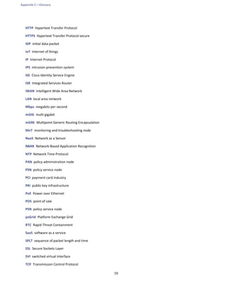Appendix C—Glossary
59
HTTP Hypertext Transfer Protocol
HTTPS Hypertext Transfer Protocol secure
IDP initial data packet
IoT Internet of things
IP Internet Protocol
IPS intrusion prevention system
ISE Cisco Identity Service Engine
ISR Integrated Services Router
IWAN Intelligent Wide Area Network
LAN local area network
Mbps megabits per second
mGIG multi gigabit
mGRE Multipoint Generic Routing Encapsulation
MnT monitoring and troubleshooting node
NaaS Network as a Sensor
NBAR Network-Based Application Recognition
NTP Network Time Protocol
PAN policy administration node
PSN policy service node
PCI payment card industry
PKI public key infrastructure
PoE Power over Ethernet
POS point of sale
PSN policy service node
pxGrid Platform Exchange Grid
RTC Rapid Threat Containment
SaaS software as a service
SPLT sequence of packet length and time
SSL Secure Sockets Layer
SVI switched virtual interface
TCP Transmission Control Protocol
 
