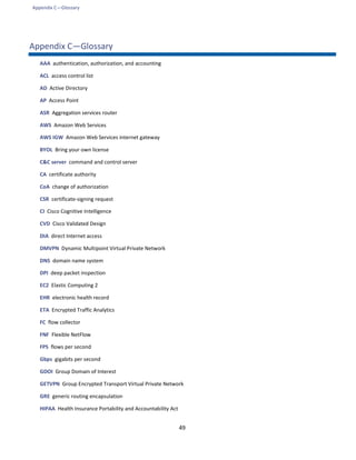 Appendix C—Glossary
49
Appendix C—Glossary
AAA authentication, authorization, and accounting
ACL access control list
AD Active Directory
AP Access Point
ASR Aggregation services router
AWS Amazon Web Services
AWS IGW Amazon Web Services internet gateway
BYOL Bring your own license
C&C server command and control server
CA certificate authority
CoA change of authorization
CSR certificate-signing request
CI Cisco Cognitive Intelligence
CVD Cisco Validated Design
DIA direct Internet access
DMVPN Dynamic Multipoint Virtual Private Network
DNS domain name system
DPI deep packet inspection
EC2 Elastic Computing 2
EHR electronic health record
ETA Encrypted Traffic Analytics
FC flow collector
FNF Flexible NetFlow
FPS flows per second
Gbps gigabits per second
GDOI Group Domain of Interest
GETVPN Group Encrypted Transport Virtual Private Network
GRE generic routing encapsulation
HIPAA Health Insurance Portability and Accountability Act
 