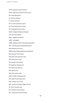 Appendix C—Glossary
50
HTTP Hypertext Transfer Protocol
HTTPS Hypertext Transfer Protocol secure
IDP initial data packet
IoT Internet of things
IP Internet Protocol
IPS intrusion prevention system
ISE Cisco Identity Service Engine
ISR Integrated Services Router
IWAN Intelligent Wide Area Network
LAN local area network
Mbps megabits per second
mGIG multi gigabit
mGRE Multipoint Generic Routing Encapsulation
MnT monitoring and troubleshooting node
NaaS Network as a Sensor
NBAR Network-Based Application Recognition
NTP Network Time Protocol
PAN policy administration node
PSN policy service node
PCI payment card industry
PKI public key infrastructure
PoE Power over Ethernet
POS point of sale
PSN policy service node
pxGrid Platform Exchange Grid
RTC Rapid Threat Containment
SaaS software as a service
SPLT sequence of packet length and time
SSL Secure Sockets Layer
SVI switched virtual interface
TCP Transmission Control Protocol
 