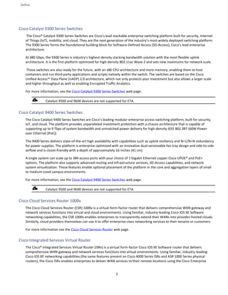 Define
7
Cisco Catalyst 9300 Series Switches
The Cisco® Catalyst 9300 Series Switches are Cisco’s lead stackable enterprise switching platform built for security, Internet
of Things (IoT), mobility, and cloud. They are the next generation of the industry’s most widely deployed switching platform.
The 9300 Series forms the foundational building block for Software-Defined Access (SD-Access), Cisco’s lead enterprise
architecture.
At 480 Gbps, the 9300 Series is industry’s highest-density stacking bandwidth solution with the most flexible uplink
architecture. It is the first platform optimized for high-density 802.11ac Wave 2 and sets new maximums for network scale.
These switches are also ready for the future, with an x86 CPU architecture and more memory, enabling them to host
containers and run third-party applications and scripts natively within the switch. The switches are based on the Cisco
Unified Access™ Data Plane (UADP) 2.0 architecture, which not only protects your investment but also allows a larger scale
and higher throughput as well as enabling Encrypted Traffic Analytics.
For more information, see the Cisco Catalyst 9300 Series Switches web page.
Catalyst 9500 and 9600 devices are not supported for ETA.
Cisco Catalyst 9400 Series Switches
The Cisco Catalyst 9400 Series Switches are Cisco’s leading modular enterprise access switching platform, built for security,
IoT, and cloud. The platform provides unparalleled investment protection with a chassis architecture that is capable of
supporting up to 9 Tbps of system bandwidth and unmatched power delivery for high-density IEEE 802.3BT (60W Power
over Ethernet [PoE])
The 9400 Series delivers state-of-the-art high availability with capabilities such as uplink resiliency and N+1/N+N redundancy
for power supplies. The platform is enterprise-optimized with an innovative dual-serviceable fan tray design and side-to-side
airflow and is closet-friendly with a depth of approximately 16 inches (41 cm).
A single system can scale up to 384 access ports with your choice of 1 Gigabit Ethernet copper Cisco UPOE® and PoE+
options. The platform also supports advanced routing and infrastructure services, SD-Access capabilities, and network
system virtualization. These features enable optional placement of the platform in the core and aggregation layers of small
to medium-sized campus environments.
For more information, see the Cisco Catalyst 9400 Series Switches web page.
Catalyst 9500 and 9600 devices are not supported for ETA.
Cisco Cloud Services Router 1000v
The Cisco Cloud Services Router (CSR) 1000v is a virtual-form-factor router that delivers comprehensive WAN gateway and
network services functions into virtual and cloud environments. Using familiar, industry-leading Cisco IOS XE Software
networking capabilities, the CSR 1000v enables enterprises to transparently extend their WANs into provider-hosted clouds.
Similarly, cloud providers themselves can use it to offer enterprise-class networking services to their tenants or customers.
For more information see the Cisco Cloud Services Router web page.
Cisco Integrated Services Virtual Router
The Cisco® Integrated Services Virtual Router (ISRv) is a virtual form-factor Cisco IOS XE Software router that delivers
comprehensive WAN gateway and network services functions into virtual environments. Using familiar, industry-leading
Cisco IOS XE networking capabilities (the same features present on Cisco 4000 Series ISRs and ASR 1000 Series physical
routers), the Cisco ISRv enables enterprises to deliver WAN services to their remote locations using the Cisco Enterprise
 
