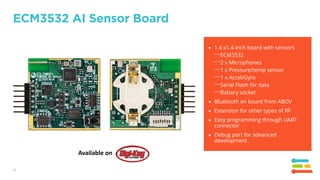 17
ECM3532 AI Sensor Board
Available on
▪ 1.4 x1.4-inch board with sensors
⎯ECM3532
⎯2 x Microphones
⎯1 x Pressure/temp se...