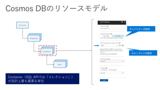 Account
DatabaseDatabaseDatabase
DatabaseDatabaseContainer
DatabaseDatabaseItem
Container（SQL APIでは「コレクション」）
が設計上最も重要な単位
 