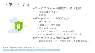 
﹣
﹣

﹣
﹣

﹣
参考: Azure Cosmos DB データベースのセキュリティ
https://docs.microsoft.com/ja-jp/azure/cosmos-db/database-security
 