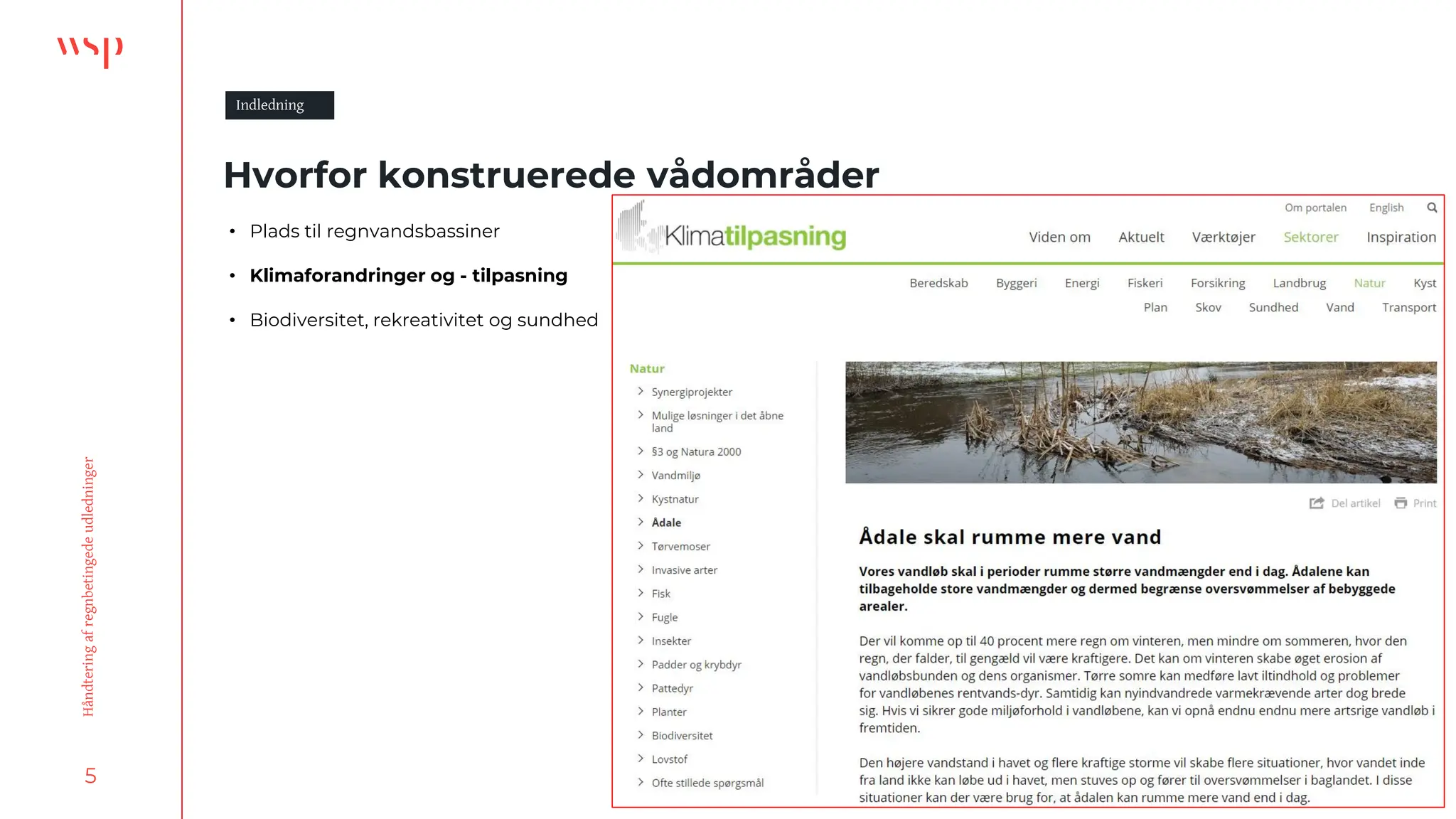 5
Håndtering
af
regnbetingede
udledninger
Hvorfor konstruerede vådområder
Indledning
• Plads til regnvandsbassiner
• Klimaforandringer og - tilpasning
• Biodiversitet, rekreativitet og sundhed
 