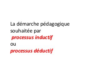 La démarche pédagogique
souhaitée par
processus inductif
ou
processus déductif
 