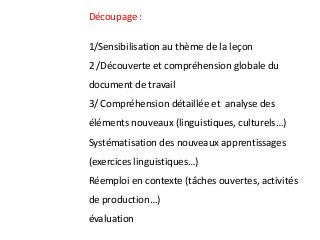 Découpage :
1/Sensibilisation au thème de la leçon
2 /Découverte et compréhension globale du
document de travail
3/ Compréhension détaillée et analyse des
éléments nouveaux (linguistiques, culturels…)
Systématisation des nouveaux apprentissages
(exercices linguistiques…)
Réemploi en contexte (tâches ouvertes, activités
de production…)
évaluation
 