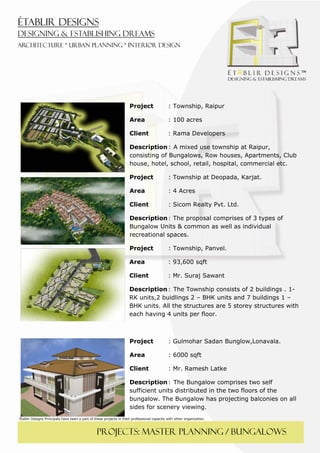  
 




                                                                     Project                 : Township, Raipur

                                                                     Area                    : 100 acres

                                                                     Client                  : Rama Developers

                                                                     Description : A mixed use township at Raipur,
                                                                     consisting of Bungalows, Row houses, Apartments, Club
                                                                     house, hotel, school, retail, hospital, commercial etc.

                                                                     Project                 : Township at Deopada, Karjat.

                                                                     Area                    : 4 Acres

                                                                     Client                  : Sicom Realty Pvt. Ltd.

                                                                     Description : The proposal comprises of 3 types of
                                                                     Bungalow Units & common as well as individual
                                                                     recreational spaces.

                                                                     Project                 : Township, Panvel.

                                                                     Area                    : 93,600 sqft

                                                                     Client                  : Mr. Suraj Sawant

                                                                     Description : The Township consists of 2 buildings . 1-
                                                                     RK units,2 buidlings 2 – BHK units and 7 buildings 1 –
                                                                     BHK units. All the structures are 5 storey structures with
                                                                     each having 4 units per floor.



                                                                     Project                 : Gulmohar Sadan Bunglow,Lonavala.

                                                                     Area                    : 6000 sqft

                                                                     Client                  : Mr. Ramesh Latke

                                                                     Description : The Bungalow comprises two self
                                                                     sufficient units distributed in the two floors of the
                                                                     bungalow. The Bungalow has projecting balconies on all
                                                                     sides for scenery viewing.
Établir Designs Principals have been a part of these projects in their professional capacity with other organization.



                                                PROJECTS: master planning / bungalows
 