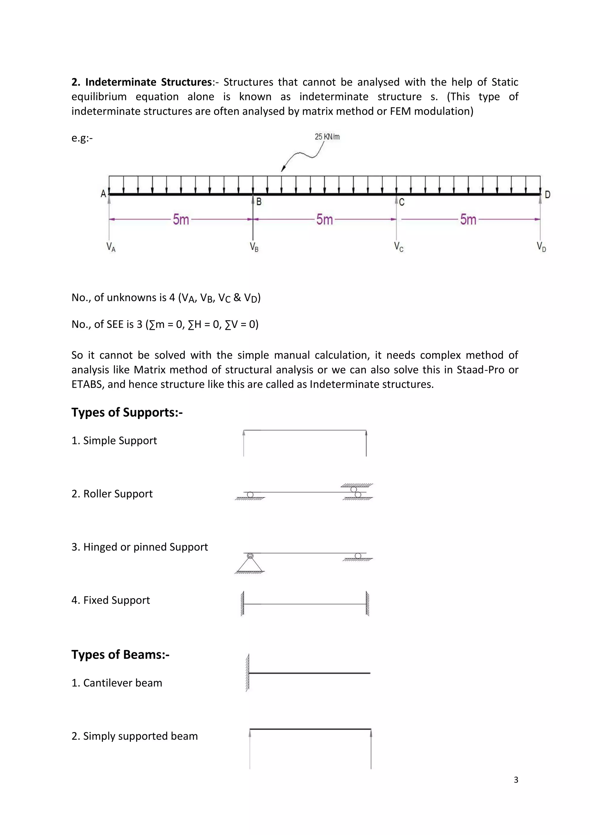 2. Indeterminate Structures:- Structures that cannot be analysed with the help of Static
equilibrium equation alone is known as indeterminate structure s. (This type of
indeterminate structures are often analysed by matrix method or FEM modulation)
e.g:-
No., of unknowns is 4 (VA, VB, VC & VD)
No., of SEE is 3 (∑m = 0, ∑H = 0, ∑V = 0)
So it cannot be solved with the simple manual calculation, it needs complex method of
analysis like Matrix method of structural analysis or we can also solve this in Staad-Pro or
ETABS, and hence structure like this are called as Indeterminate structures.
Types of Supports:-
1. Simple Support
2. Roller Support
3. Hinged or pinned Support
4. Fixed Support
Types of Beams:-
1. Cantilever beam
2. Simply supported beam
3
 