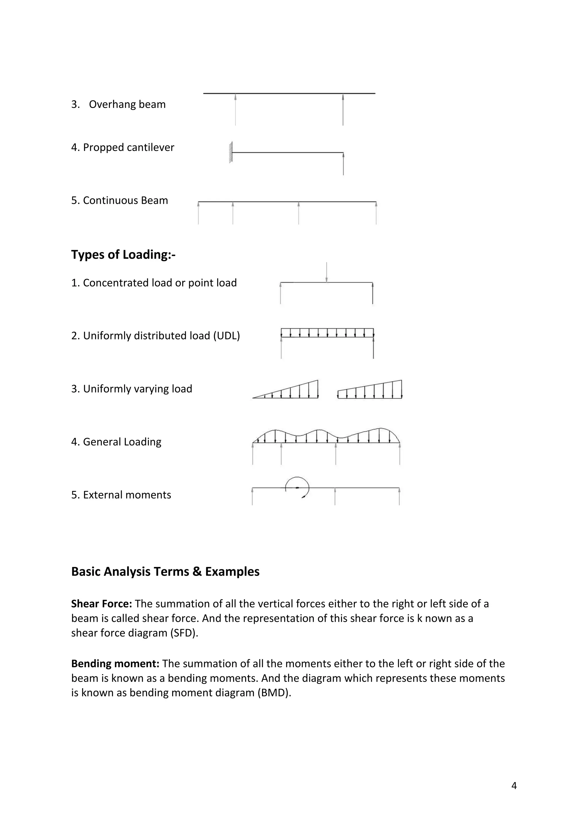 3. Overhang beam
4. Propped cantilever
5. Continuous Beam
Types of Loading:-
1. Concentrated load or point load
2. Uniformly distributed load (UDL)
3. Uniformly varying load
4. General Loading
5. External moments
Basic Analysis Terms & Examples
Shear Force: The summation of all the vertical forces either to the right or left side of a
beam is called shear force. And the representation of this shear force is k nown as a
shear force diagram (SFD).
Bending moment: The summation of all the moments either to the left or right side of the
beam is known as a bending moments. And the diagram which represents these moments
is known as bending moment diagram (BMD).
4
 