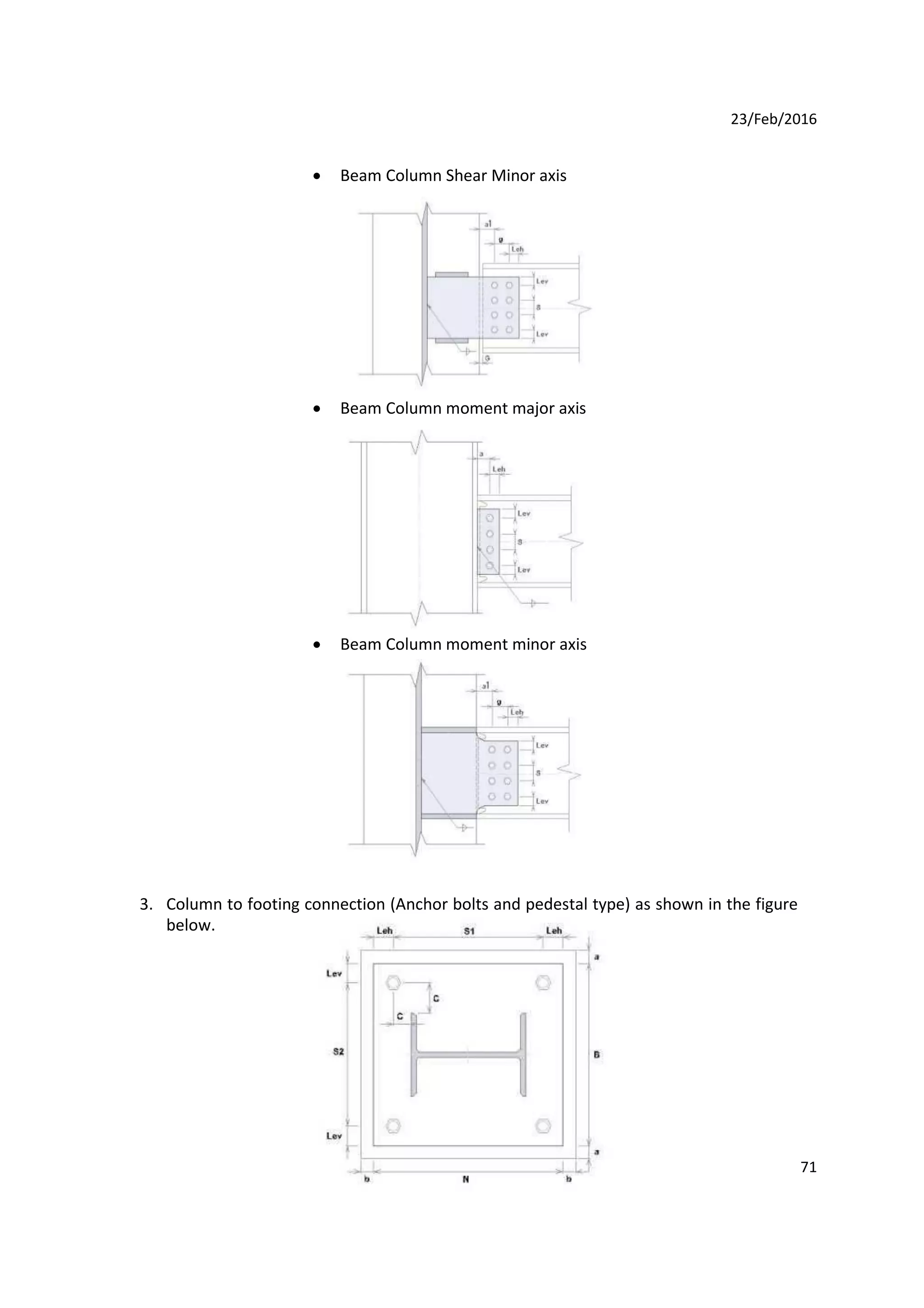 23/Feb/2016
 Beam Column Shear Minor axis
 Beam Column moment major axis
 Beam Column moment minor axis
3. Column to footing connection (Anchor bolts and pedestal type) as shown in the figure
below.
71
 