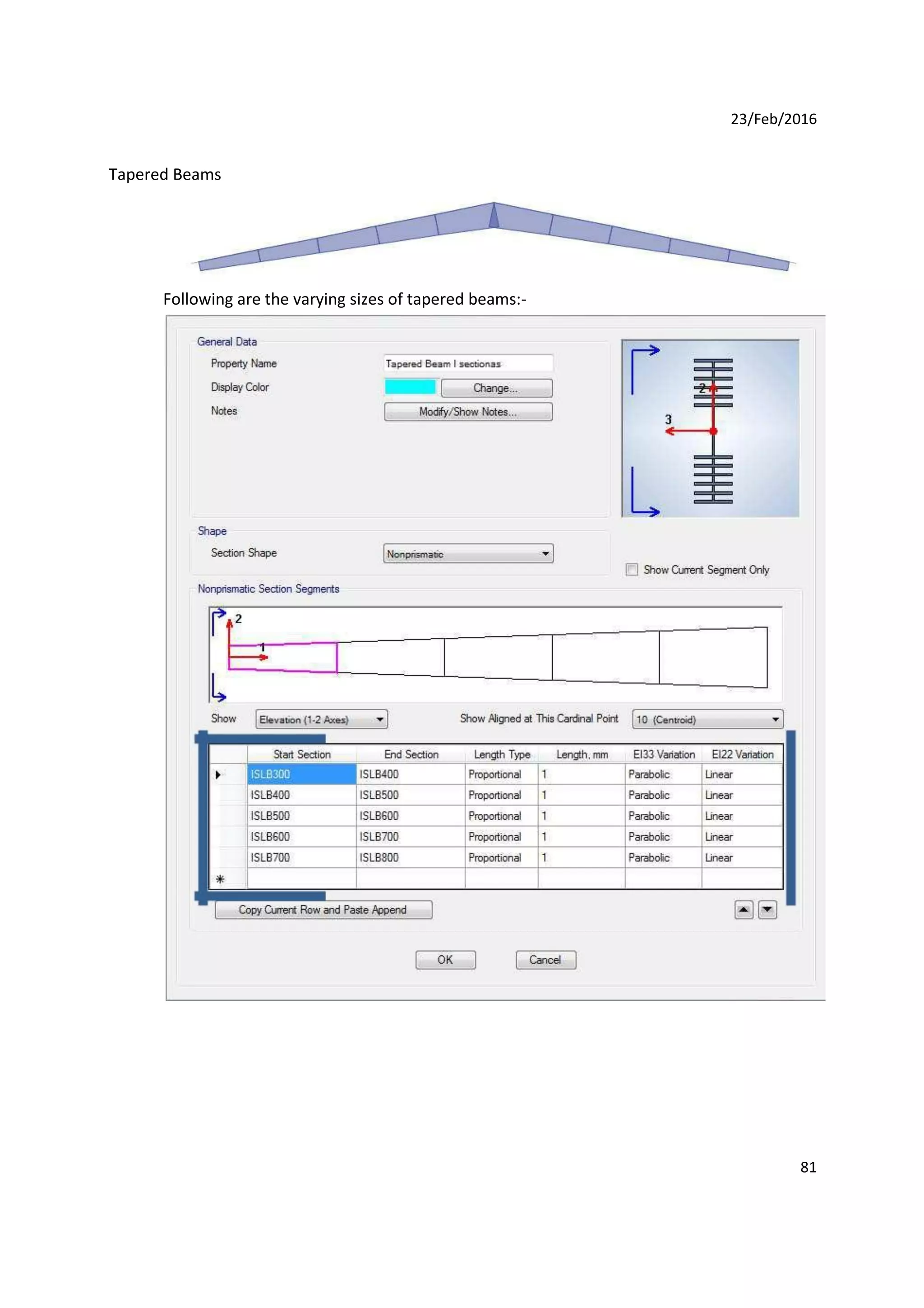 23/Feb/2016
Tapered Beams
Following are the varying sizes of tapered beams:-
81
 