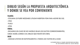 DIBUJO SEGÚN LA PROPUESTA ARQUITECTÓNICA
Y DONDE SE VEA POR CONVENIENTE
PLANTA
-COLUMNA (SI FUERE NECESARIO UTILIZAR INSERTION POIN PARA MOVER DEL EJE)
-VIGA
-PLACA
-LOSA
PERFIL
-ESCALERAS (EN CASO DE NO HACERLO DEJAR LOS DUCTOS CORRESPONDIENTES)
CHECK MODEL (CHEKEA SI EL DIBUJO QUE HICISTE ESTA BIEN)
BASE
-ASIGNAR APOYOS DE EMPOTRAMIENTO A TODOS LOS PUNTOS DE LA BASE
ALEXANDER HUALLA CHAMPI/UNIVERSIDAD NACIONAL
DE SAN ANTONIO ABAD DEL CUSCO -UNSAAC
 