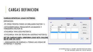 CARGAS DEFINICION
CARGAS ESTATICAS (LOAD PATTERNS)
DEFINICION
-PP (PESO PROPIO-TODO LO DIBUJADO-FACTOR 1)
-SCP(SOBRECARGA PERMANENTE-ACABADOS Y
TABIQUERIA-FACTOR 0)
-CV(CARGA VIVA-USO-FACTOR 0)
-CVT(CARGA VIVA DE TECHO-EN ASOTEAS FACTOR 0)
SET DE CARGAS-SHELL UNIFORM LOAD SETS (VALORES
DE PP, SCP, CV, CVT)
- ASIGNACION DE CARGAS A TODAS LAS LOSAS DE
ENTREPISO Y ASOTEA
ALEXANDER HUALLA CHAMPI/UNIVERSIDAD NACIONAL
DE SAN ANTONIO ABAD DEL CUSCO -UNSAAC
 