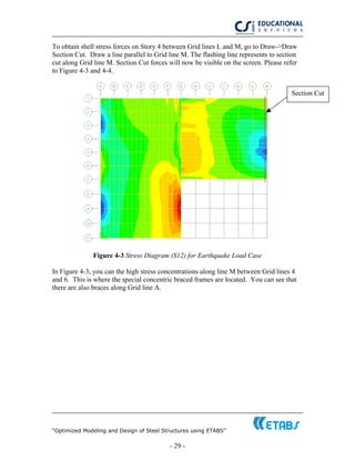 “Optimized Modeling and Design of Steel Structures using ETABS”
- 29 -
To obtain shell stress forces on Story 4 between Grid lines L and M, go to Draw->Draw
Section Cut. Draw a line parallel to Grid line M. The flashing line represents to section
cut along Grid line M. Section Cut forces will now be visible on the screen. Please refer
to Figure 4-3 and 4-4.
Section Cut
Figure 4-3 Stress Diagram (S12) for Earthquake Load Case
In Figure 4-3, you can the high stress concentrations along line M between Grid lines 4
and 6. This is where the special concentric braced frames are located. You can see that
there are also braces along Grid line A.
 