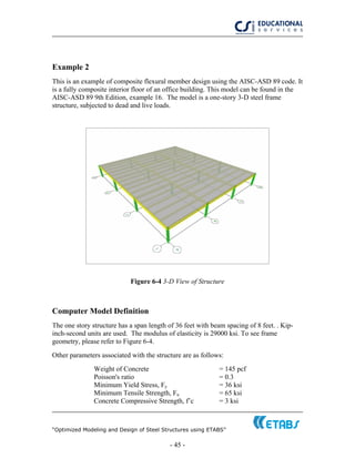 “Optimized Modeling and Design of Steel Structures using ETABS”
- 45 -
Example 2
This is an example of composite flexural member design using the AISC-ASD 89 code. It
is a fully composite interior floor of an office building. This model can be found in the
AISC-ASD 89 9th Edition, example 16. The model is a one-story 3-D steel frame
structure, subjected to dead and live loads.
Figure 6-4 3-D View of Structure
Computer Model Definition
The one story structure has a span length of 36 feet with beam spacing of 8 feet. . Kip-
inch-second units are used. The modulus of elasticity is 29000 ksi. To see frame
geometry, please refer to Figure 6-4.
Other parameters associated with the structure are as follows:
Weight of Concrete = 145 pcf
Poisson's ratio = 0.3
Minimum Yield Stress, Fy = 36 ksi
Minimum Tensile Strength, Fu = 65 ksi
Concrete Compressive Strength, f’c = 3 ksi
 