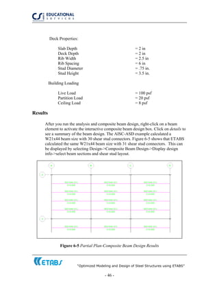 “Optimized Modeling and Design of Steel Structures using ETABS”
- 46 -
Deck Properties:
Slab Depth = 2 in
Deck Depth = 2 in
Rib Width = 2.5 in
Rib Spacing = 6 in
Stud Diameter = .75 in.
Stud Height = 3.5 in.
Building Loading
Live Load = 100 psf
Partition Load = 20 psf
Ceiling Load = 8 psf
Results
After you run the analysis and composite beam design, right-click on a beam
element to activate the interactive composite beam design box. Click on details to
see a summary of the beam design. The AISC-ASD example calculated a
W21x44 beam size with 30 shear stud connectors. Figure 6-5 shows that ETABS
calculated the same W21x44 beam size with 31 shear stud connectors. This can
be displayed by selecting Design->Composite Beam Design->Display design
info->select beam sections and shear stud layout.
Figure 6-5 Partial Plan-Composite Beam Design Results
 