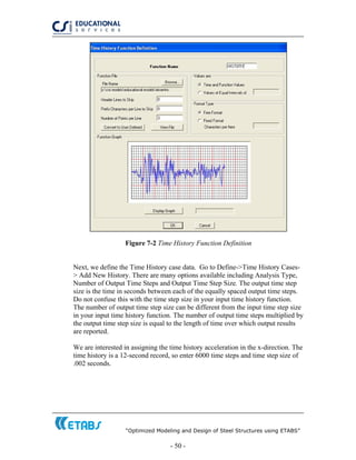 “Optimized Modeling and Design of Steel Structures using ETABS”
- 50 -
Figure 7-2 Time History Function Definition
Next, we define the Time History case data. Go to Define->Time History Cases-
> Add New History. There are many options available including Analysis Type,
Number of Output Time Steps and Output Time Step Size. The output time step
size is the time in seconds between each of the equally spaced output time steps.
Do not confuse this with the time step size in your input time history function.
The number of output time step size can be different from the input time step size
in your input time history function. The number of output time steps multiplied by
the output time step size is equal to the length of time over which output results
are reported.
We are interested in assigning the time history acceleration in the x-direction. The
time history is a 12-second record, so enter 6000 time steps and time step size of
.002 seconds.
 
