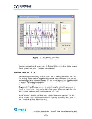 “Optimized Modeling and Design of Steel Structures using ETABS”
- 52 -
Figure 7-3 Time History Trace Plot
You can see that joint 2 has the most deflection, followed by joint 4 (the isolator
frame system) and joint 6 (damped frame system).
Response Spectrum Curves
After running a time history analysis, select one or more point objects and click
the Display menu -> Show Response Spectrum Curves command to access the
Response Spectrum Generation form. Use the form to specify the appropriate data
to plot the various response spectra.
Important Note: The response spectrum that you plot using this command is
based on a time history that you have previously run. It has nothing to do with
any response spectrum analysis that you may have run.
There are many options available when viewing Response Spectrum Curves.
These include Axes, Damping and Period/Frequency definition. See Figure 7-3
for a sample Response Spectrum Curve.
 