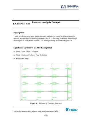 “Optimized Modeling and Design of Steel Structures using ETABS”
- 55 -
EXAMPLE VIII
Pushover Analysis Example
Description
This is a 2-D four-story steel frame structure, subjected to a static nonlinear pushover
analysis. Each story is 12 feet high and each bay is 24 feet long. Nonlinear frame hinges
are assigned to every frame element. The frame geometry is shown in Figure 8-1.
Significant Options of ETABS Exemplified
Static Frame Hinge Definition
Static Nonlinear Pushover Case Definition
Pushover Curves
Figure 8-1 3-D view of Pushover Structure
 