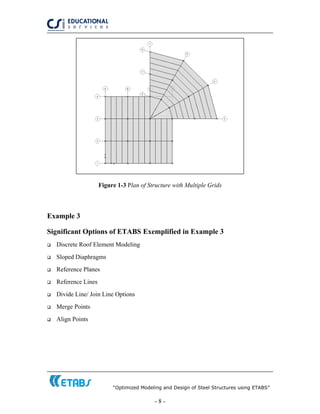 “Optimized Modeling and Design of Steel Structures using ETABS”
- 8 -
Figure 1-3 Plan of Structure with Multiple Grids
Example 3
Significant Options of ETABS Exemplified in Example 3
Discrete Roof Element Modeling
Sloped Diaphragms
Reference Planes
Reference Lines
Divide Line/ Join Line Options
Merge Points
Align Points
 