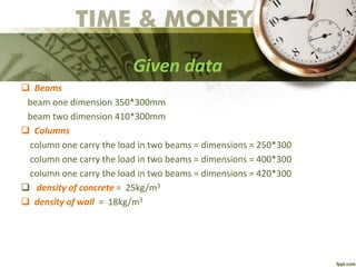 Given data
 Beams
beam one dimension 350*300mm
beam two dimension 410*300mm
 Columns
column one carry the load in two beams = dimensions = 250*300
column one carry the load in two beams = dimensions = 400*300
column one carry the load in two beams = dimensions = 420*300
 density of concrete = 25kg/m3
 density of wall = 18kg/m3
 