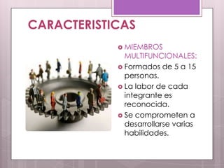 CARACTERISTICAS
             MIEMBROS
              MULTIFUNCIONALES:
             Formados de 5 a 15
              personas.
             La labor de cada
              integrante es
              reconocida.
             Se comprometen a
              desarrollarse varias
              habilidades.
 