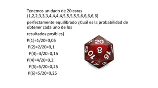 Tenemos un dado de 20 caras
{1,2,2,3,3,3,4,4,4,4,5,5,5,5,5,6,6,6,6,6}
perfectamente equilibrado ¿Cuál es la probabilidad de
obtener cada uno de los
resultados posibles}
P(1)=1/20=0,05
P(2)=2/20=0,1
P(3)=3/20=0,15
P(4)=4/20=0,2
P(5)=5/20=0,25
P(6)=5/20=0,25
 