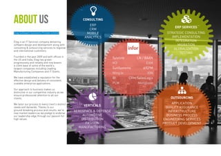 Etag Software Solutions Private Limited
Etag is an IT Services company delivering
software design and development along with
consulting & outsourcing services to regional
and international customers.
Founded in the year 2009 and with offices in
the US and India, Etag has grown
progressively and reliably and now boasts
a client base of some of the world’s
largest companies including Leading
Manufacturing Companies and IT Giants.
We have established a reputation for the
effective design and delivery of consistent,
scalable enterprise applications.
Our approach to business makes us
distinctive in our competitive industry as we
ensure professional attention to all our
clients.
We tailor our process to every client’s distinct
needs and demands. Thanks to our
ground-breaking process and results, we’re
now market leaders as we pledge to endorse
our leadership edge through our passion for
high values.

VERTICALS
AEROSPACE & DEFENSE
AUTOMOTIVE
DISTRIBUTION
FASHION
MANUFACTURING
Syteline	 LN / BAAN
M3	EAM
SunSystems	d/EPM
Ming.le	ION
BI	CRM/SalesLogix
PLM	Mongoose

CONSULTING
ERP
CRM
MOBILE
ANALYTICS

OUTSOURCING
APPLICATION
QUALITY ASSURANCE
INFRASTRUCTURE
BUSINESS PROCESS
ENGINEERING SERVICES
PRODUCT DEVELOPMENT

ERP SERVICES
STRATEGIC CONSULTING
IMPLEMENTATION
INTEGRATION
MIGRATION
GLOBALIZATION
TESTING
About US
 