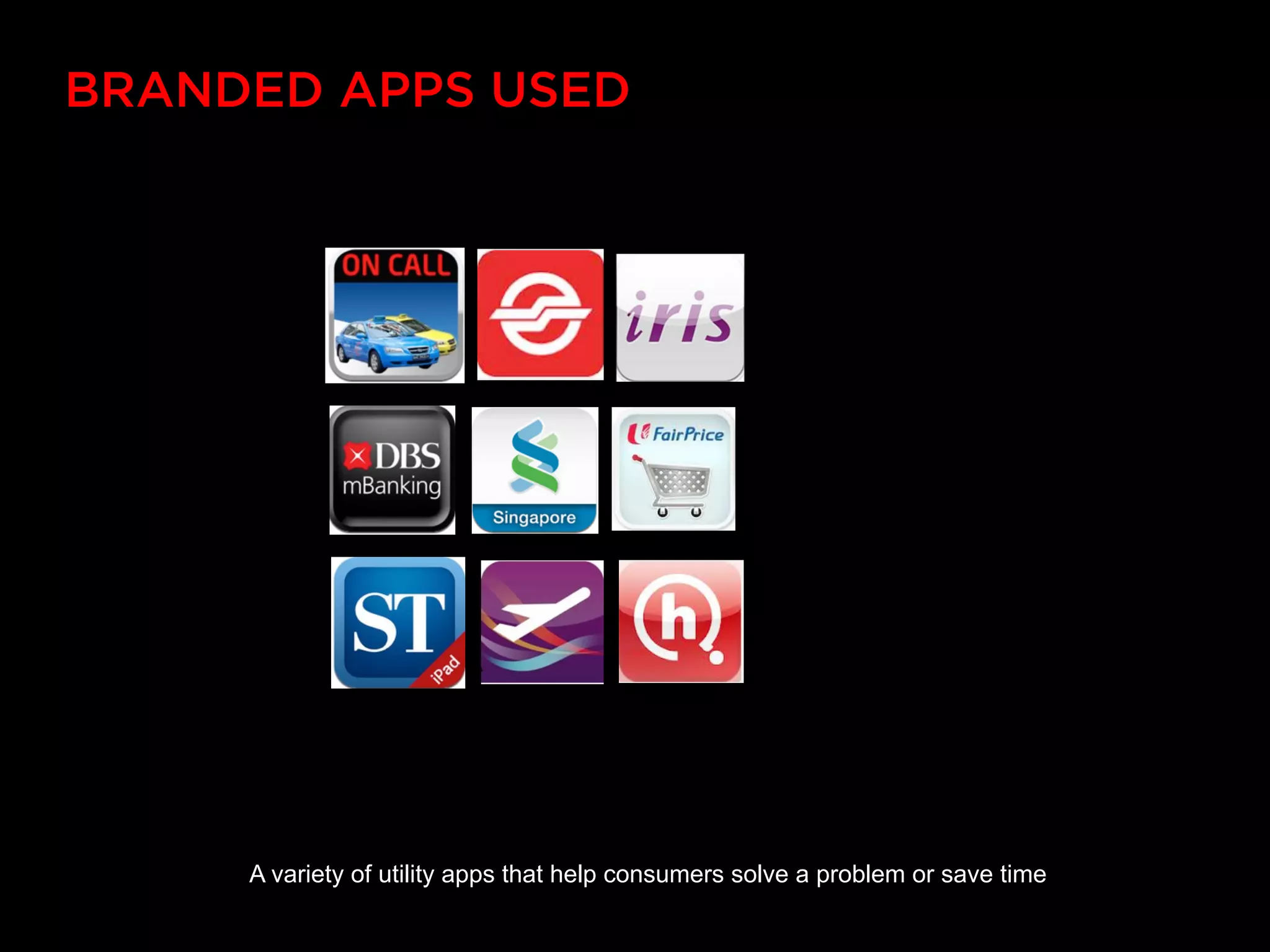 BRANDED APPS USED




     A variety of utility apps that help consumers solve a problem or save time
 