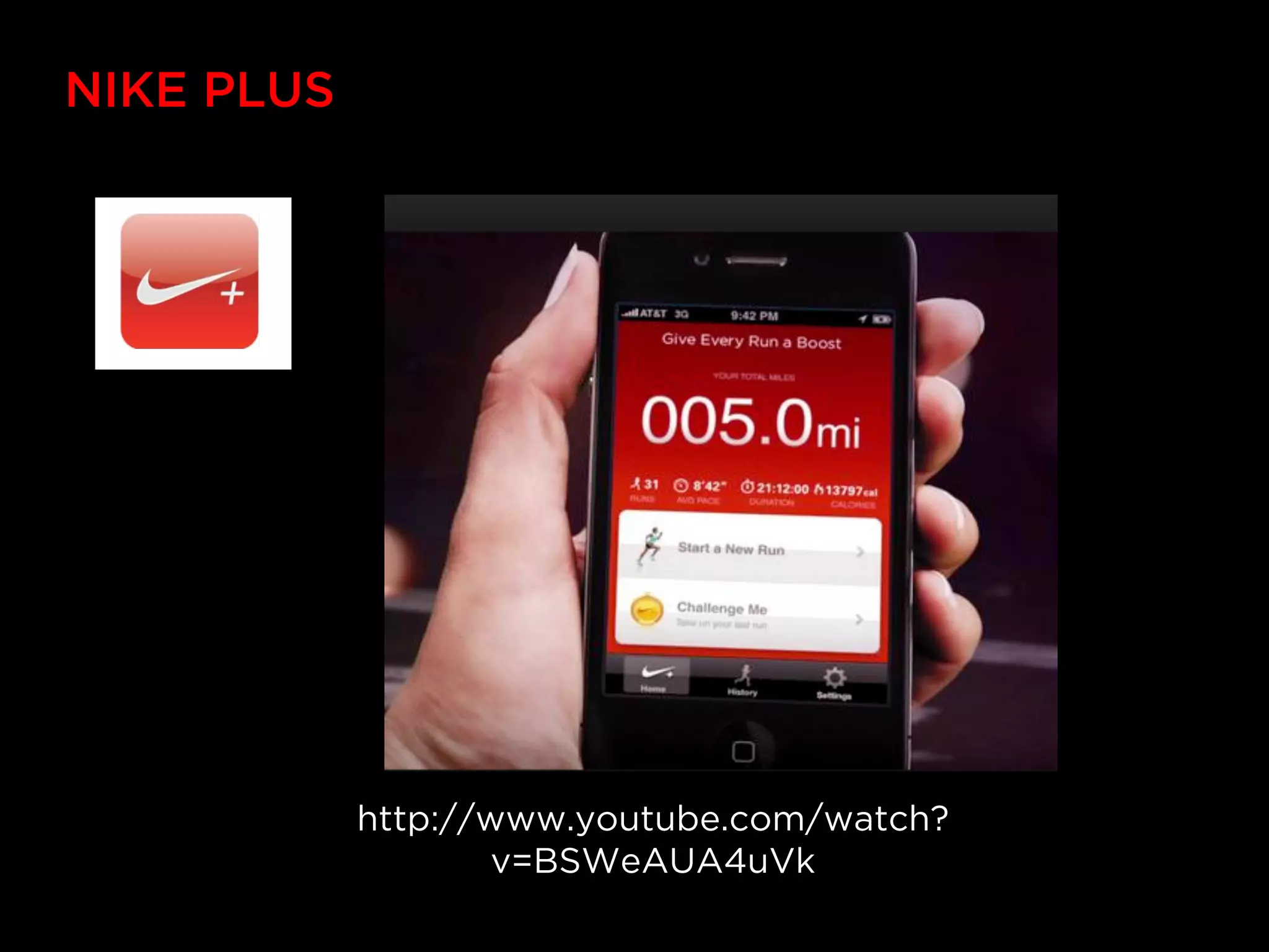 NIKE PLUS




            http://www.youtube.com/watch?
                    v=BSWeAUA4uVk
 