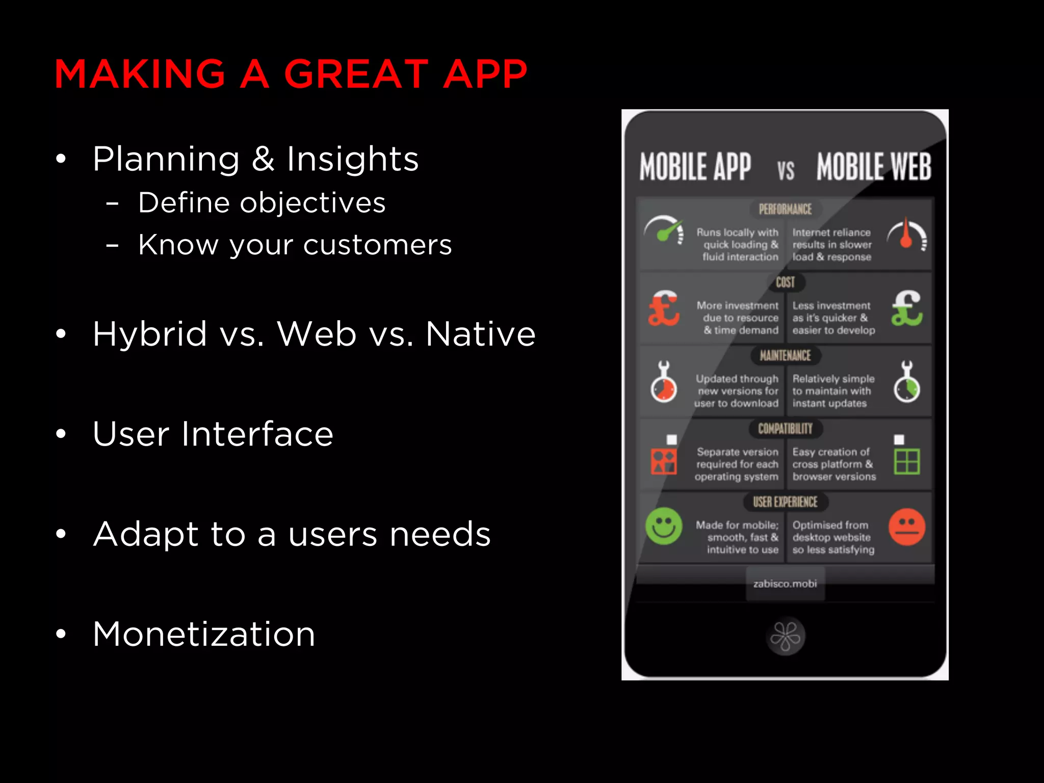 MAKING A GREAT APP

•  Planning & Insights
   –  Deﬁne objectives
   –  Know your customers


•  Hybrid vs. Web vs. Native

•  User Interface

•  Adapt to a users needs

•  Monetization
 
