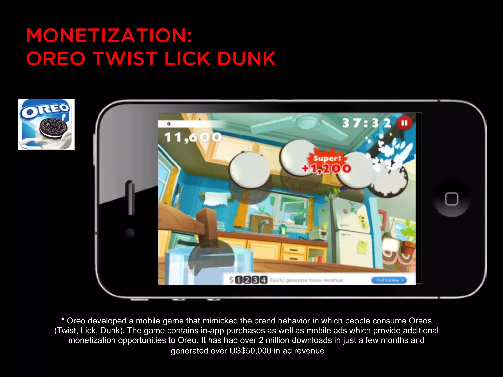 MONETIZATION:
OREO TWIST LICK DUNK




    * Oreo developed a mobile game that mimicked the brand behavior in which people consume Oreos
  (Twist, Lick, Dunk). The game contains in-app purchases as well as mobile ads which provide additional
      monetization opportunities to Oreo. It has had over 2 million downloads in just a few months and
                                  generated over US$50,000 in ad revenue
 