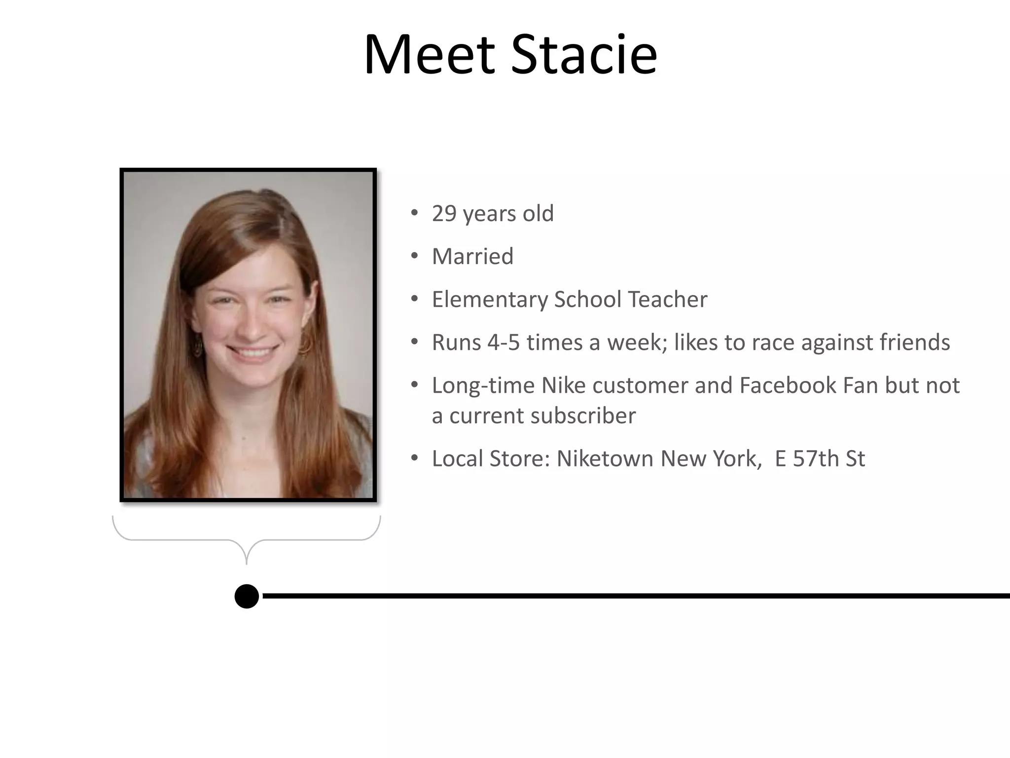 Meet Stacie
• 29 years old
• Married
• Elementary School Teacher
• Runs 4-5 times a week; likes to race against friends
• Long-time Nike customer and Facebook Fan but not
a current subscriber
• Local Store: Niketown New York, E 57th St
 