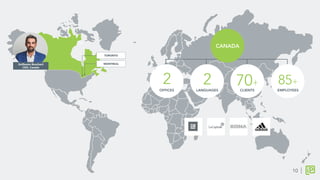 Guillaume Bouchard
CEO, Canada
TORONTO
MONTREAL
2
OFFICES	
  
2
LANGUAGES	
  
70+
CLIENTS	
  
85+
EMPLOYEES	
  
CANADA
10
 