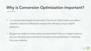 •  In a complicated digital environment, Conversion Optimization provides a
scientific method to effectively measure the efficiency of your digital
platforms.
•  By gaining insight on what works and what doesn’t for your target audience,
you can develop best practices to increase revenues (directly or indirectly)
from your website.
14
Why is Conversion Optimization Important?	
  
 