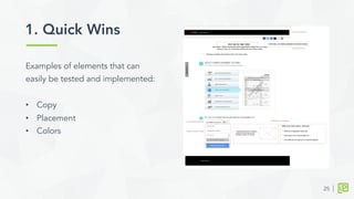 1. Quick Wins	
  
25
Examples of elements that can
easily be tested and implemented:
•  Copy
•  Placement
•  Colors
 