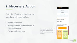 2. Necessary Action	
  
26
Examples of elements that must be
tested and will require effort:
•  Forms on mobile
•  Pricing options and the layout of
the pricing table
•  New creative content
Users only see the first 2
columns of a 4 column
table when accessing via
mobile.
 