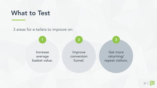 Improve
conversion
funnel.
What to Test	
  
2
Get more
returning/
repeat visitors.
3
Increase
average
basket value.
1
37
3 areas for e-tailers to improve on:
 