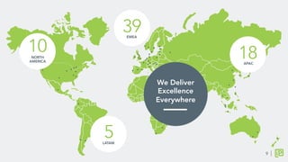 We Deliver 
Excellence
Everywhere	
  
10
NORTH 
AMERICA	
  
39
EMEA	
  
18
APAC	
  
5
LATAM	
  
9
 