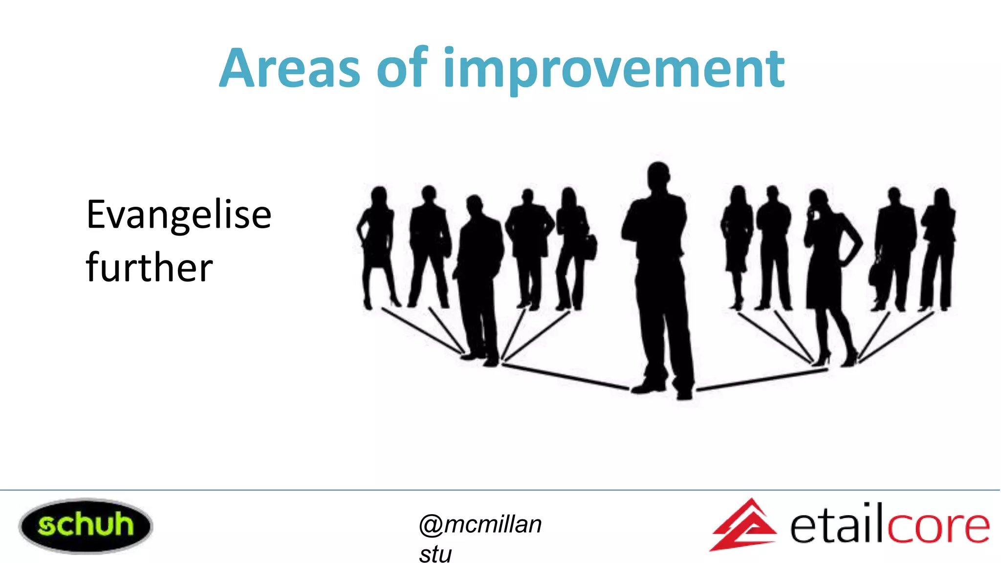 Areas of improvement
@mcmillan
stu
Evangelise
further
 