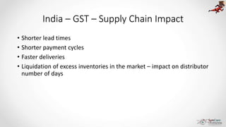 India – GST – Supply Chain Impact
• Shorter lead times
• Shorter payment cycles
• Faster deliveries
• Liquidation of excess inventories in the market – impact on distributor
number of days
 