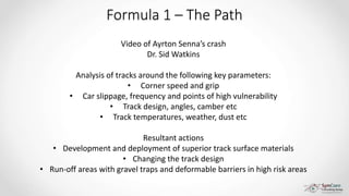 Formula 1 – The Path
Video of Ayrton Senna’s crash
Dr. Sid Watkins
Analysis of tracks around the following key parameters:
• Corner speed and grip
• Car slippage, frequency and points of high vulnerability
• Track design, angles, camber etc
• Track temperatures, weather, dust etc
Resultant actions
• Development and deployment of superior track surface materials
• Changing the track design
• Run-off areas with gravel traps and deformable barriers in high risk areas
 