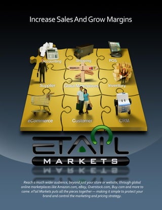 Reach  a  much  wider  audience,  beyond  just  your  store  or  website,  through  global  
online  marketplaces  like  Amazon.com,  eBay,  Overstock.com,  Buy.com  and  more  to  
come.  eTail  Markets  puts  all  the  pieces  together     making  it  simple  to  protect  your  
               brand  and  control  the  marketing  and  pricing  strategy.  
                                                                                                      1  
 